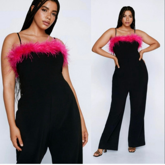 Nasty Gal Black Jumpsuit Hot Pink Feather Trim - Picture 1 of 16